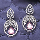 Rhodium-Plated Pink & White American Diamond studded Oval Shaped Drop Earrings