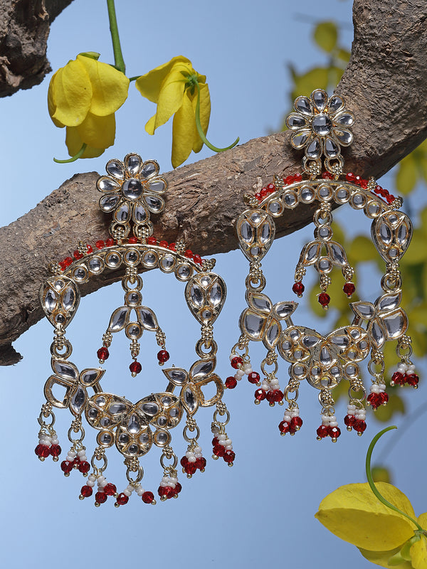 Gold-Plated Red Pearls & Kundan studded Floral Shaped Chandelier Drop Earrings