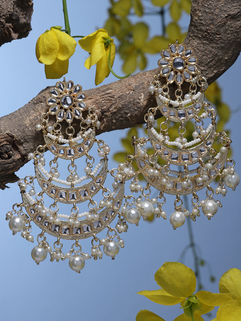 Gold-Plated White Pearls & Kundan studded Crescent Shaped Vilandi Drop Earrings