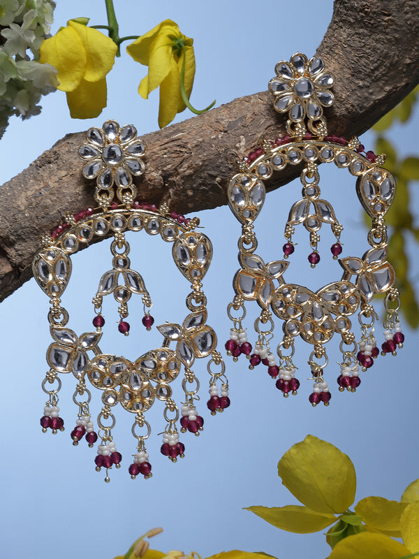 Gold-Plated Pink Pearls & Kundan studded Floral Shaped Chandelier Drop Earrings