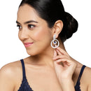 Rhodium-Plated Navy Blue & White American Diamond studded Oval Shaped Drop Earrings