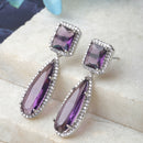 Rhodium-Plated Purple & White American Diamond studded Teardrop Shaped Drop Earrings