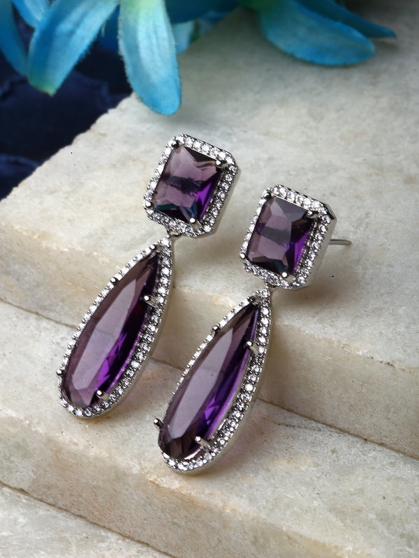 Rhodium-Plated Purple & White American Diamond studded Teardrop Shaped Drop Earrings