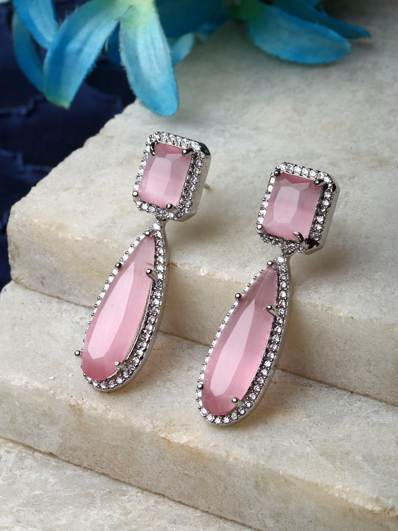 Rhodium-Plated Pink & White American Diamond studded Teardrop Shaped Drop Earrings