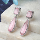 Rhodium-Plated Pink & White American Diamond studded Teardrop Shaped Drop Earrings