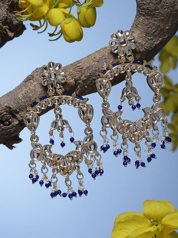 Gold-Plated Navy Blue Pearls & Kundan studded Floral Shaped Chandelier Drop Earrings