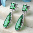 Rhodium-Plated Green & White American Diamond studded Teardrop Shaped Drop Earrings