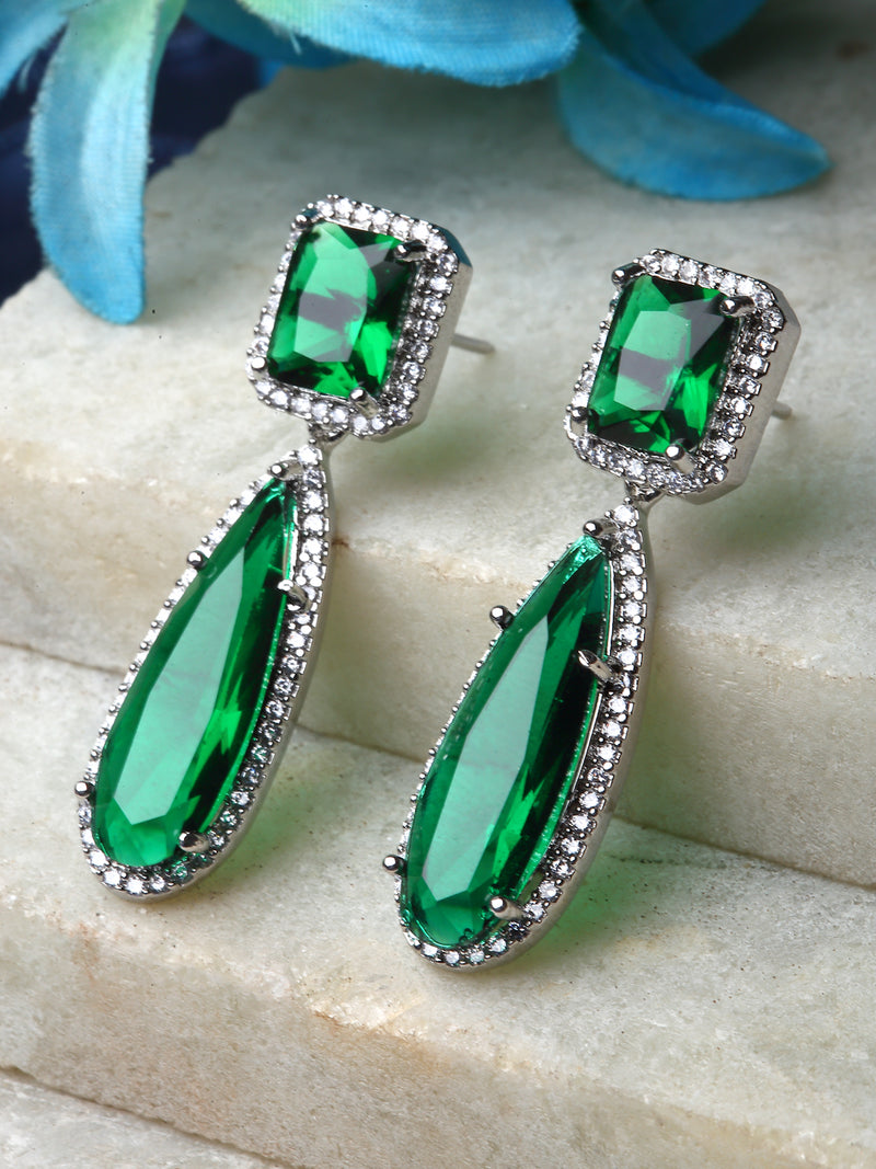 Rhodium-Plated Green & White American Diamond studded Teardrop Shaped Drop Earrings