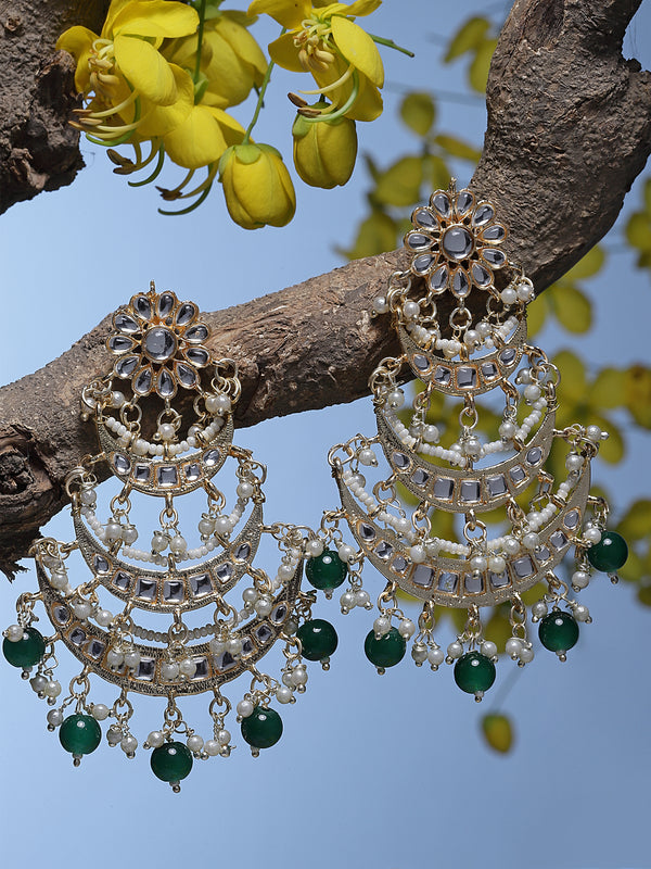 Gold-Plated Green Pearls & Kundan studded Crescent Shaped Vilandi Drop Earrings