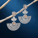Rhodium-Plated Orange & White American Diamond studded Leaf Shaped Drop Earrings