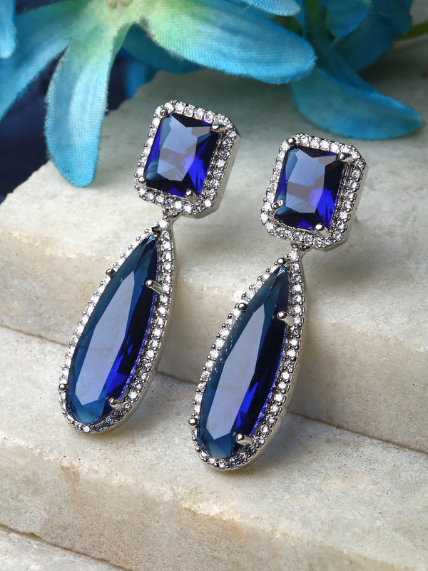 Rhodium-Plated Navy Blue & White American Diamond studded Teardrop Shaped Drop Earrings