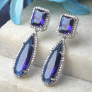 Rhodium-Plated Navy Blue & White American Diamond studded Teardrop Shaped Drop Earrings