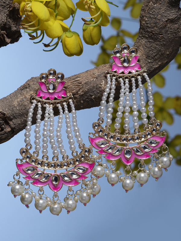 Gold-Plated White Pearls studded & Pink Enamelled Floral Shaped Drop Earrings