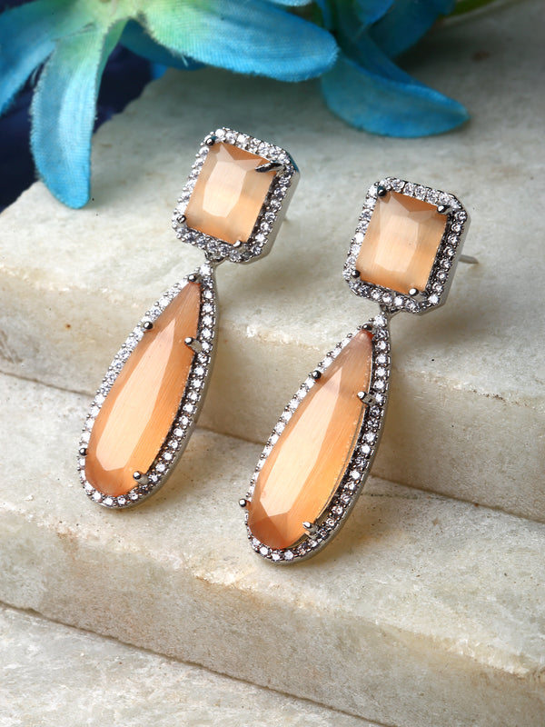 Rhodium-Plated Orange & White American Diamond studded Teardrop Shaped Drop Earrings