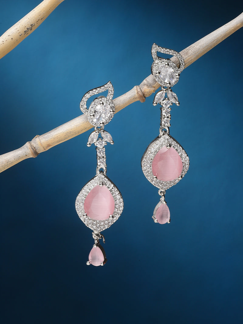 Rhodium-Plated Pink & White American Diamond studded Handcrafted Teardrop Drop Earrings