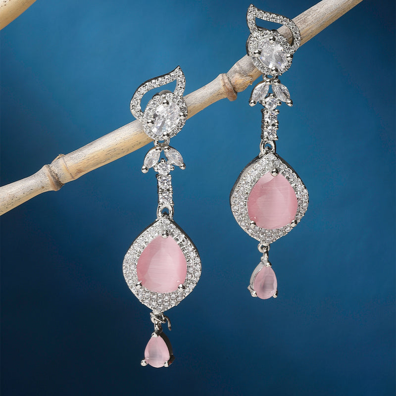 Rhodium-Plated Pink & White American Diamond studded Handcrafted Teardrop Drop Earrings
