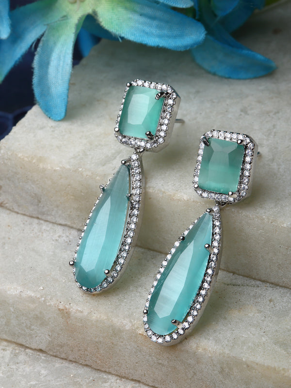 Rhodium-Plated Sea Green & White American Diamond studded Teardrop Shaped Drop Earrings