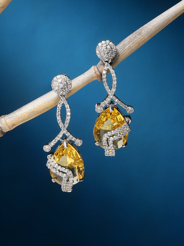 Rhodium-Plated Yellow & White American Diamond studded Trardrop Shaped Drop Earrings