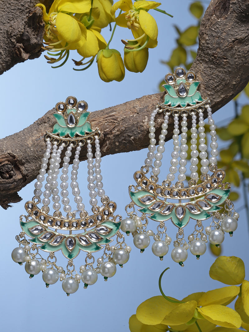 Gold-Plated White Pearls studded & Sea Green Enamelled Floral Shaped Drop Earrings