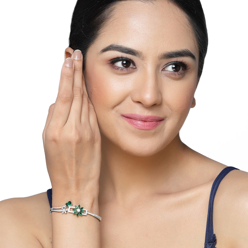 Rhodium-Plated Silver Toned Emerald Green American Diamond Studded Bracelet