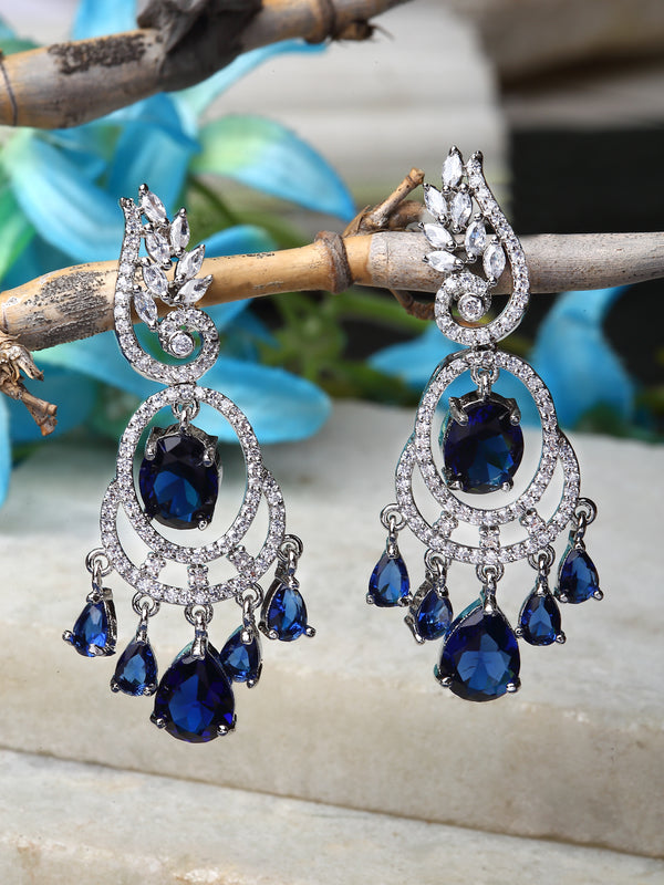 Rhodium-Plated Navy Blue & White American Diamond studded Oval & Leaf Shaped Drop Earrings