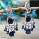 Rhodium-Plated Navy Blue & White American Diamond studded Oval & Leaf Shaped Drop Earrings