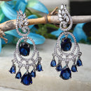 Rhodium Plated Oval Blue American Diamond Contemporary Long Drop Earrings