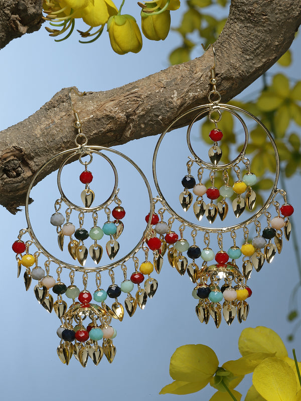 Gold-Plated Multi-Coloured Artificial Stones studded Circular Layered Drop Earrings