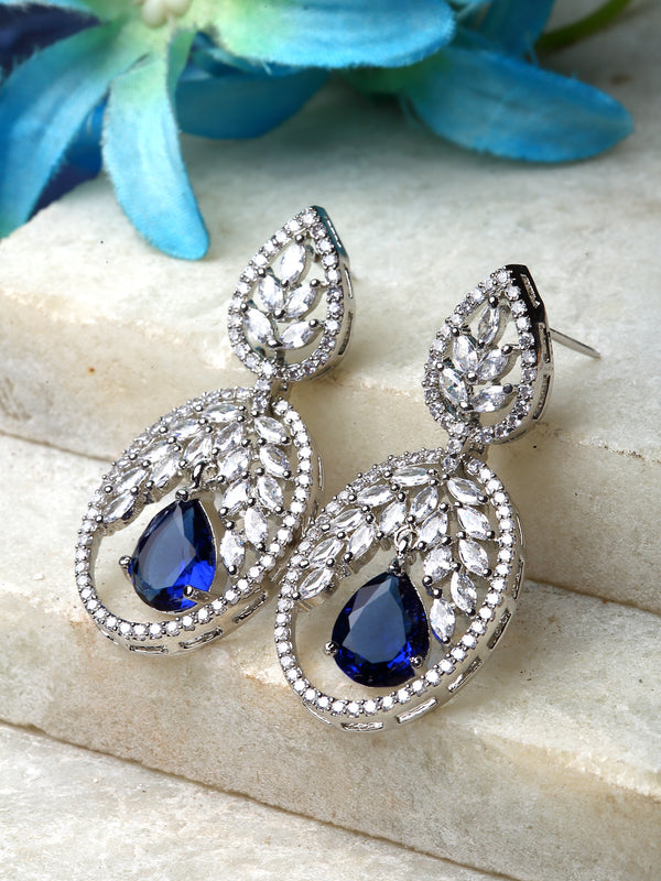 Rhodium-Plated Navy Blue & White American Diamond studded Oval Shaped Drop Earrings