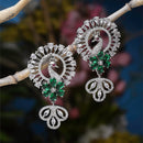 Rhodium-Plated Green American Diamond studded Handcrafted Peacock Shaped Drop Earrings