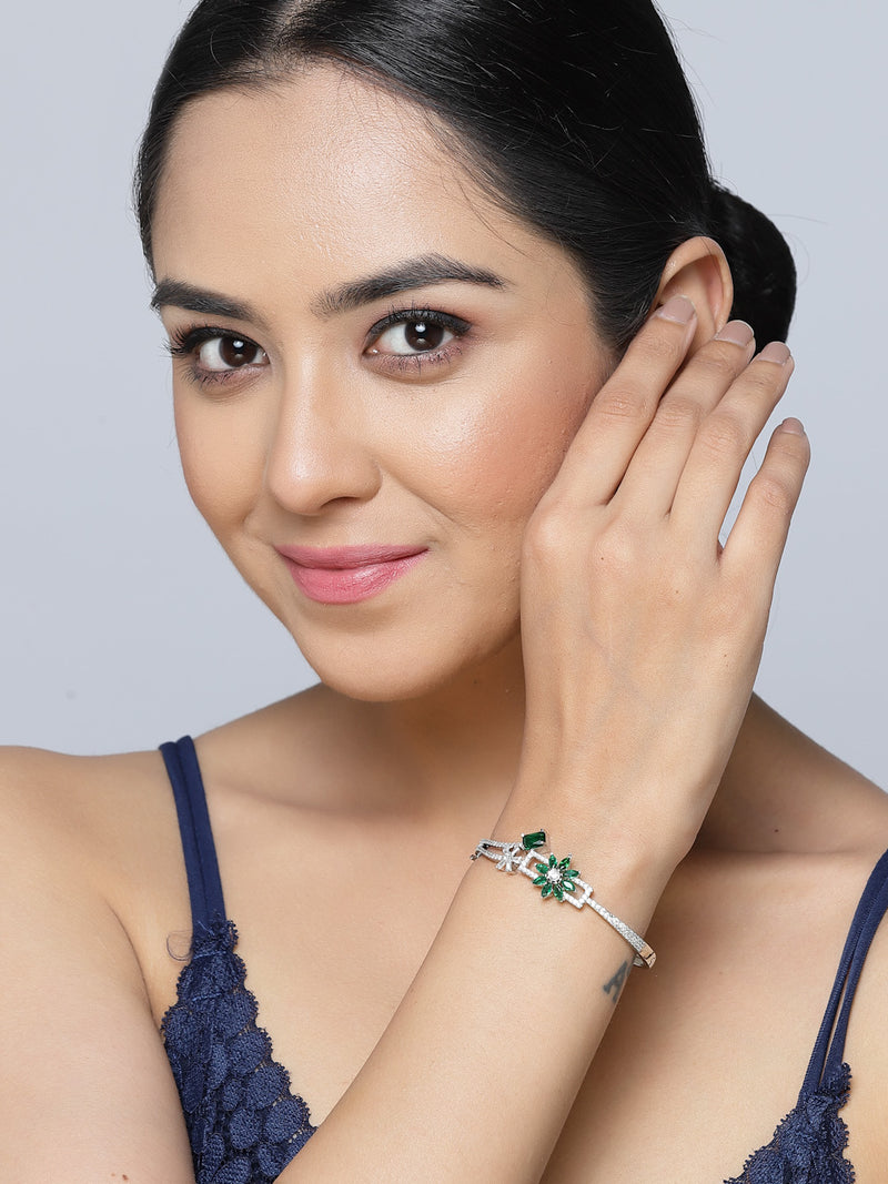 Rhodium-Plated Green Flower & Square Shape American Diamond Studded Kada Bracelet