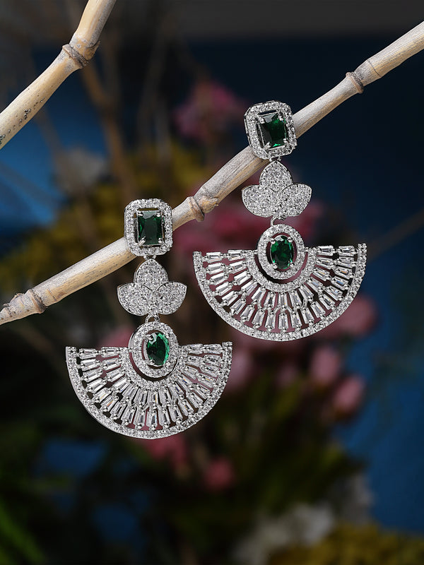 Rhodium-Plated Green & White American Diamond studded Leaf Shaped Drop Earrings