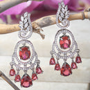 Rhodium-Plated Red & White American Diamond studded Oval & Leaf Shaped Drop Earrings
