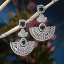 Rhodium-Plated Green & White American Diamond studded Leaf Shaped Drop Earrings