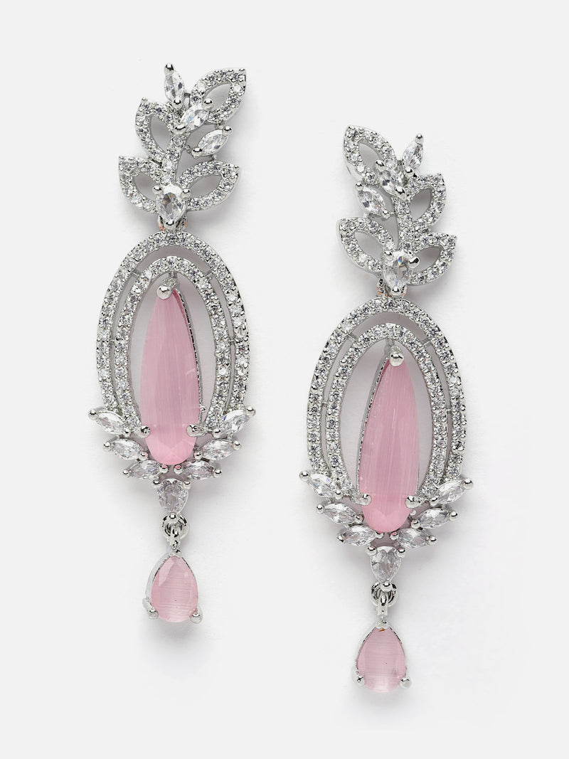 Rhodium-Plated Pink & White American Diamond studded Handcrafted Teardrop Shaped Drop Earrings