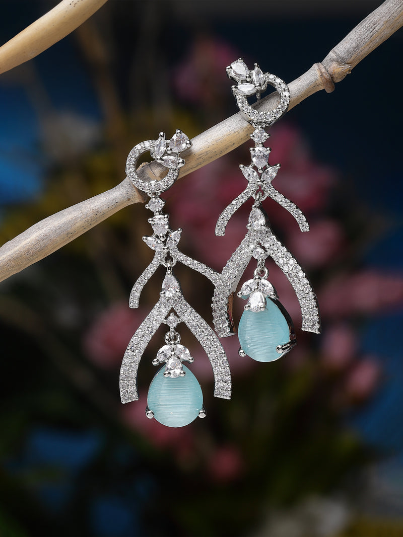 Rhodium-Plated Sky Blue American Diamond studded Teardrop & Quirky Shaped Drop Earrings