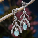 Rhodium-Plated Sky Blue American Diamond studded Teardrop & Quirky Shaped Drop Earrings