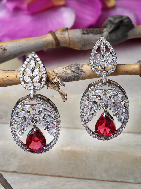 Rhodium-Plated Red & White American Diamond studded Oval Shaped Drop Earrings