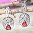 Rhodium-Plated Red & White American Diamond studded Oval Shaped Drop Earrings