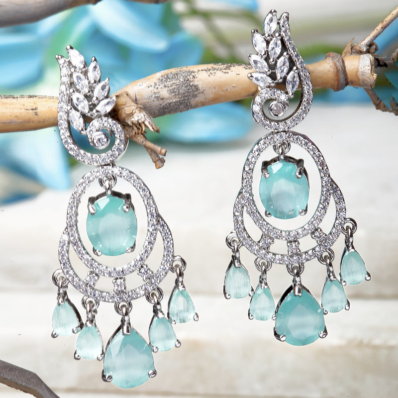 Rhodium-Plated Sea Green & White American Diamond studded Oval & Leaf Shaped Drop Earrings