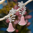 Rhodium-Plated Pink & White American Diamond studded Floral Theme Drop Earrings
