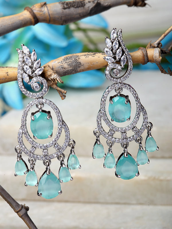 Rhodium-Plated Sea Green & White American Diamond studded Oval & Leaf Shaped Drop Earrings