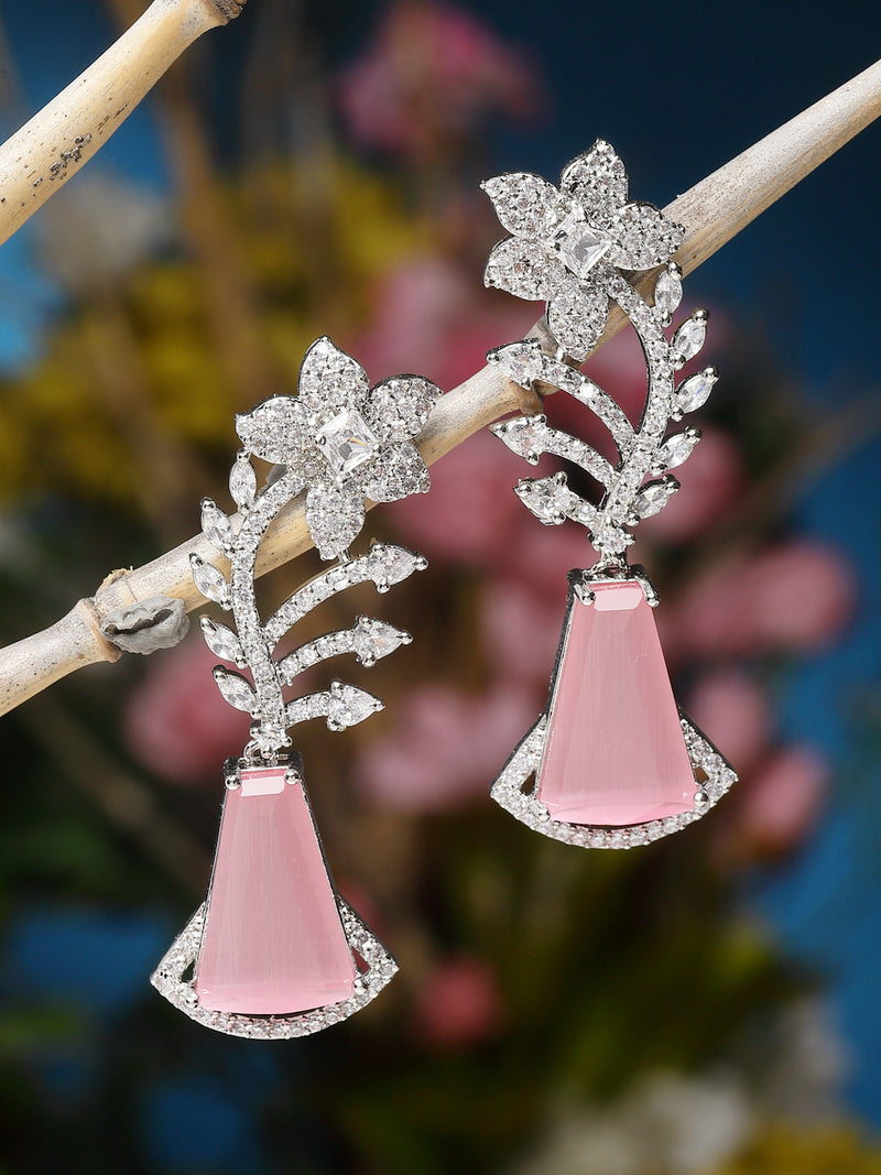 Rhodium-Plated Pink & White American Diamond studded Floral Theme Drop Earrings