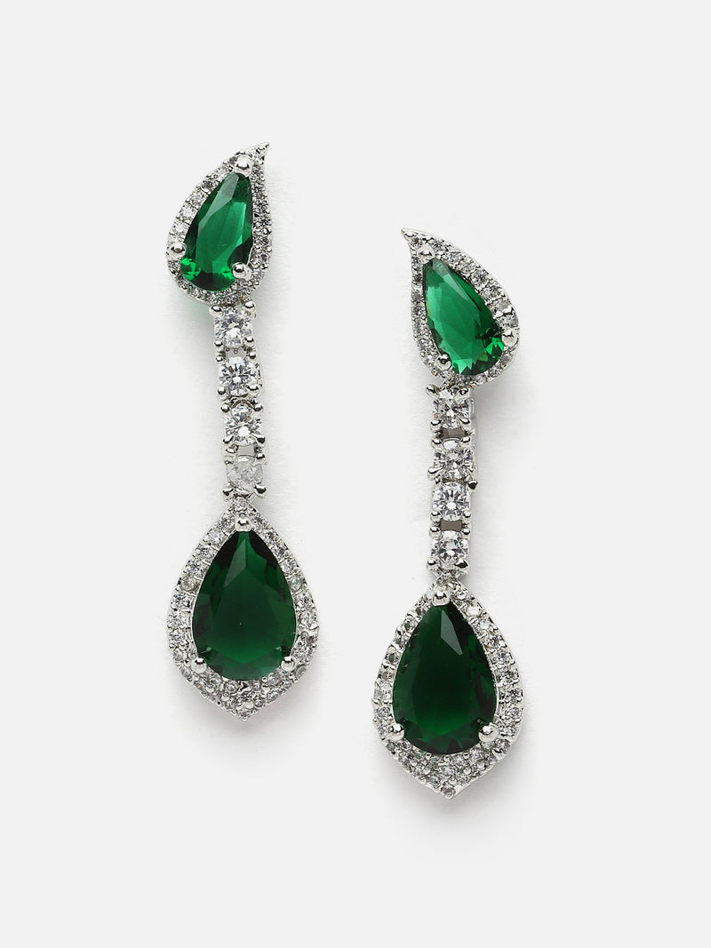 Rhodium-Plated Green & White American Diamond studded Teardrop Shaped Classic Drop Earrings
