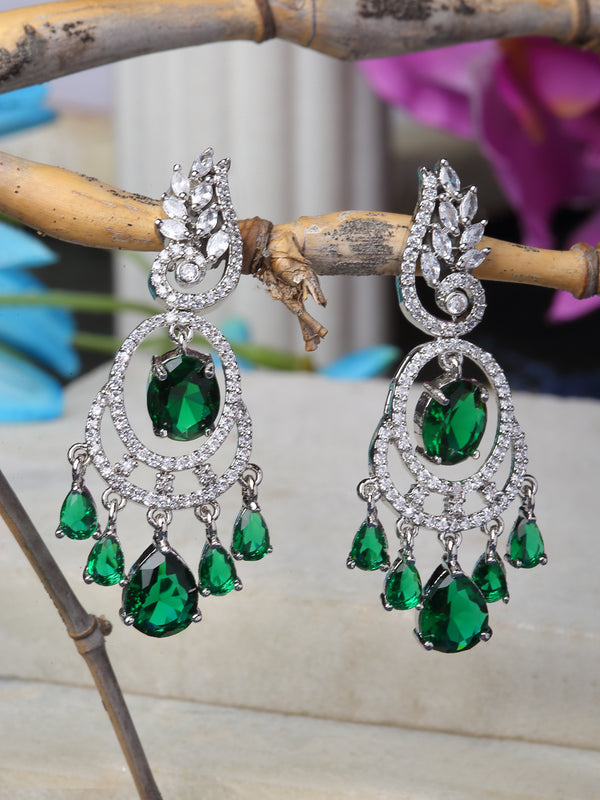 Rhodium-Plated Green & White American Diamond studded Oval & Leaf Shaped Drop Earrings