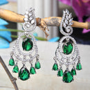 Rhodium-Plated Green & White American Diamond studded Oval & Leaf Shaped Drop Earrings