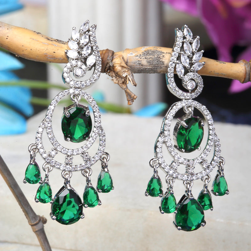 Rhodium-Plated Green & White American Diamond studded Oval & Leaf Shaped Drop Earrings