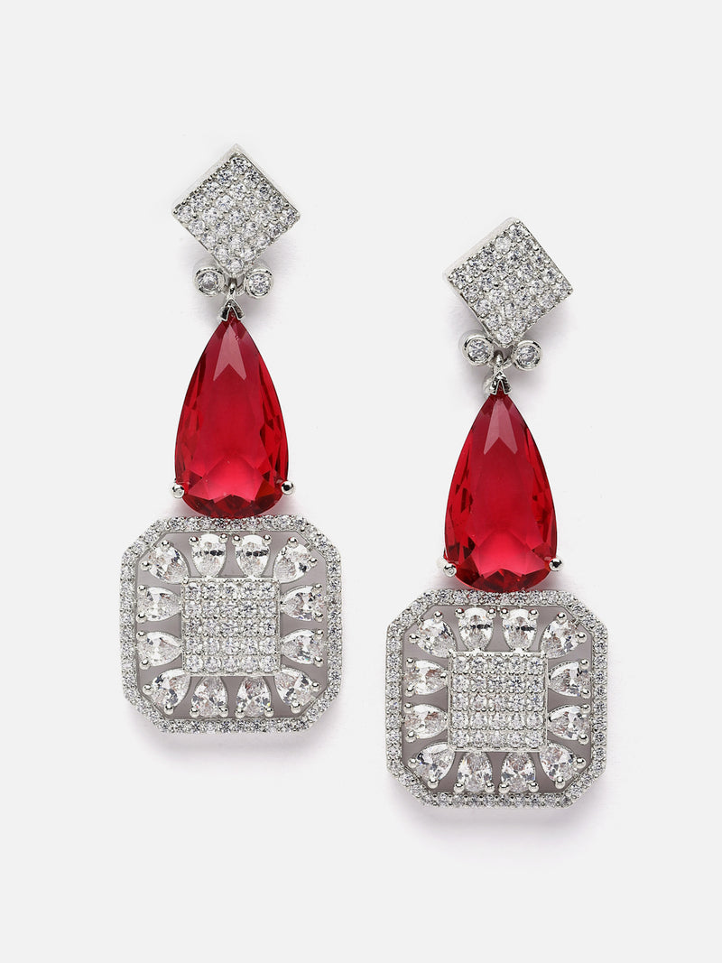 Rhodium-Plated Red & White American Diamond studded Square & Teardrop Drop Earrings