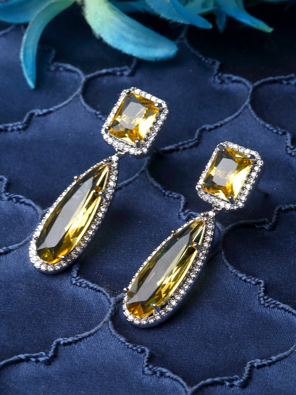 Rhodium-Plated Yellow & White American Diamond studded Teardrop Shaped Drop Earrings