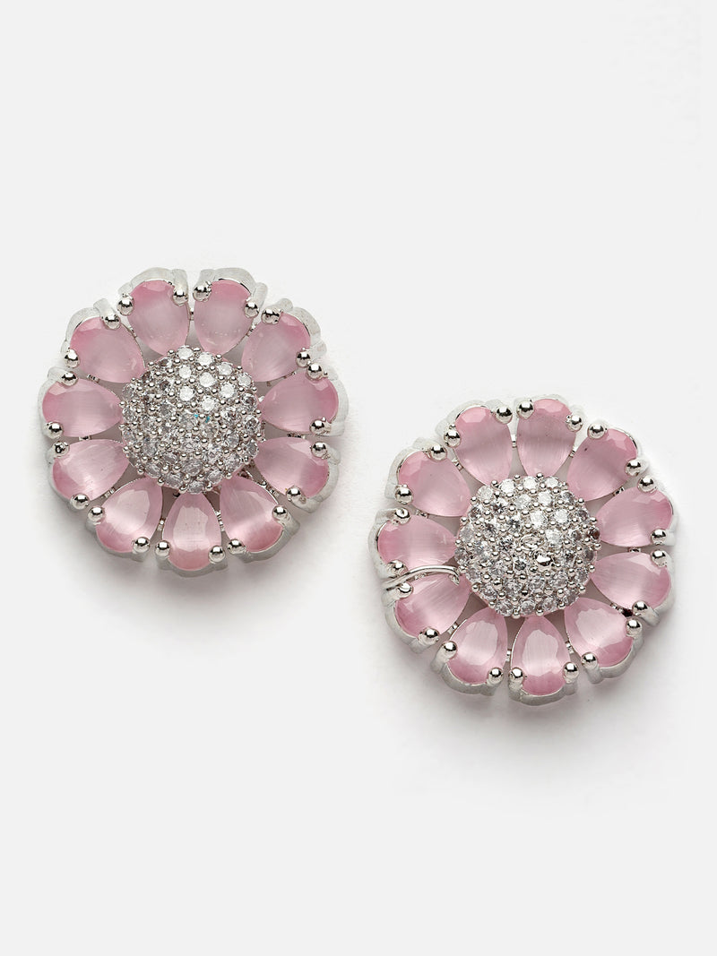 Rhodium-Plated Pink American Diamond studded Floral Handcrafted Stud Earrings